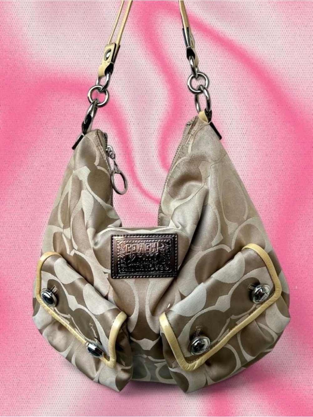 Y2K Coach Poppy Two Pocket Beige/Cream Signature Hobo Shoulder Bag